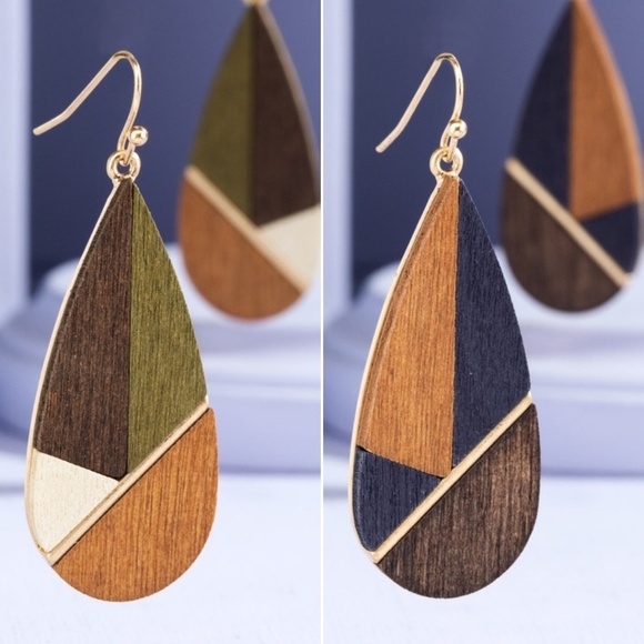 Wood Color Block Drop Earrings - Picture 1 of 2